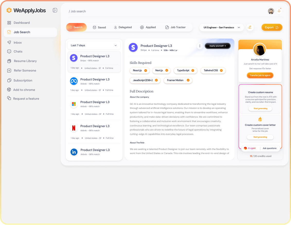 WeApplyJobs job search dashboard showing job matches, application details, and AI assistant panel